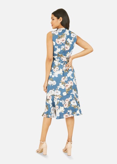 Mela Blue Floral Satin Wrap Midi Dress