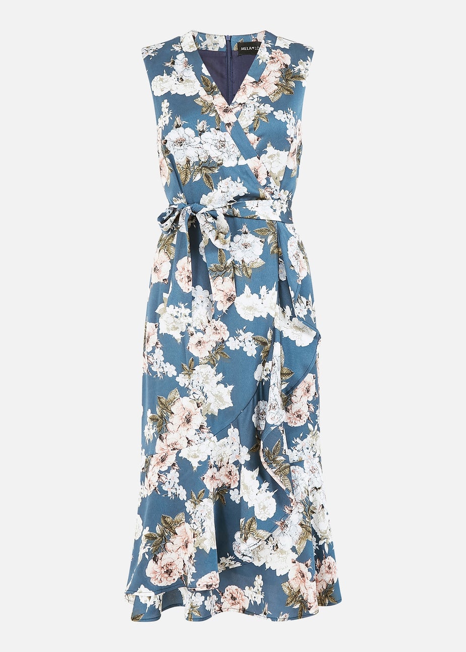 Mela Blue Floral Satin Wrap Midi Dress
