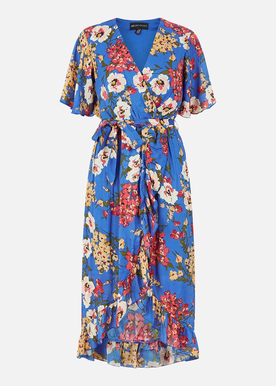 Mela Blue Bouquet Wrap Front Midi Dress