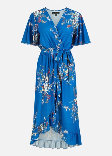 Mela Blue Floral Dip Hem Wrap Midi Dress