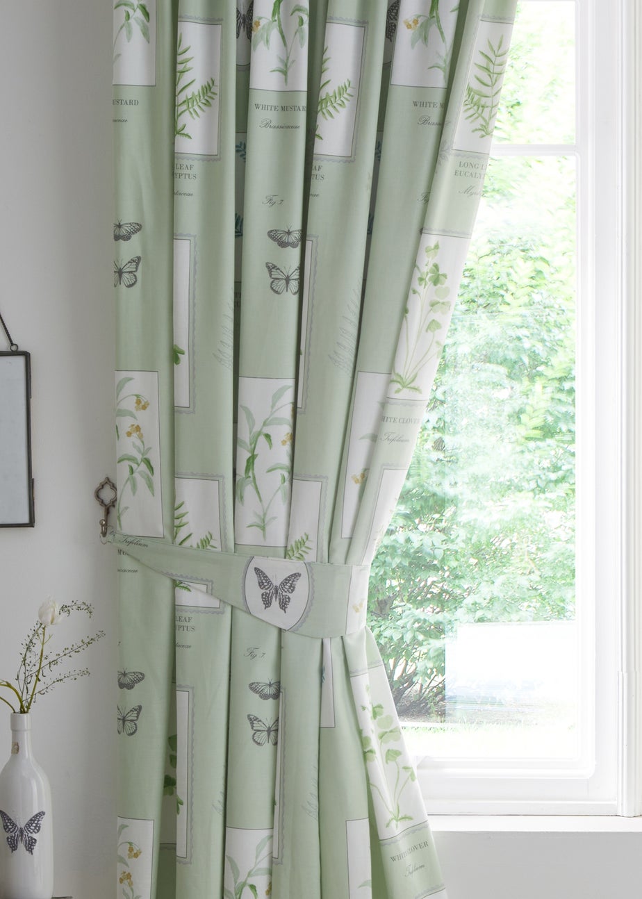 Dreams & Drapes Design Floral Garden Green Pencil Pleat Curtains With Tie-Backs
