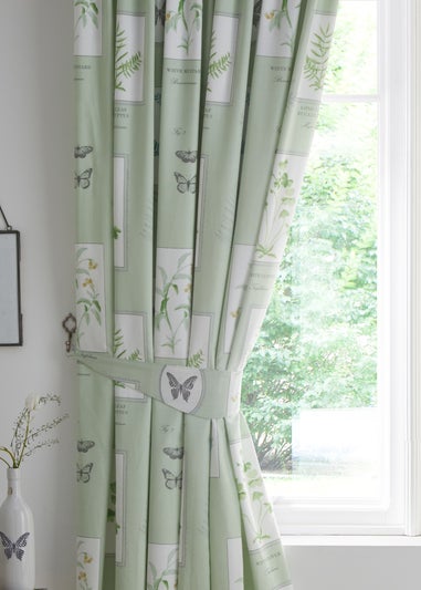 Dreams & Drapes Design Floral Garden Green Pencil Pleat Curtains With Tie-Backs