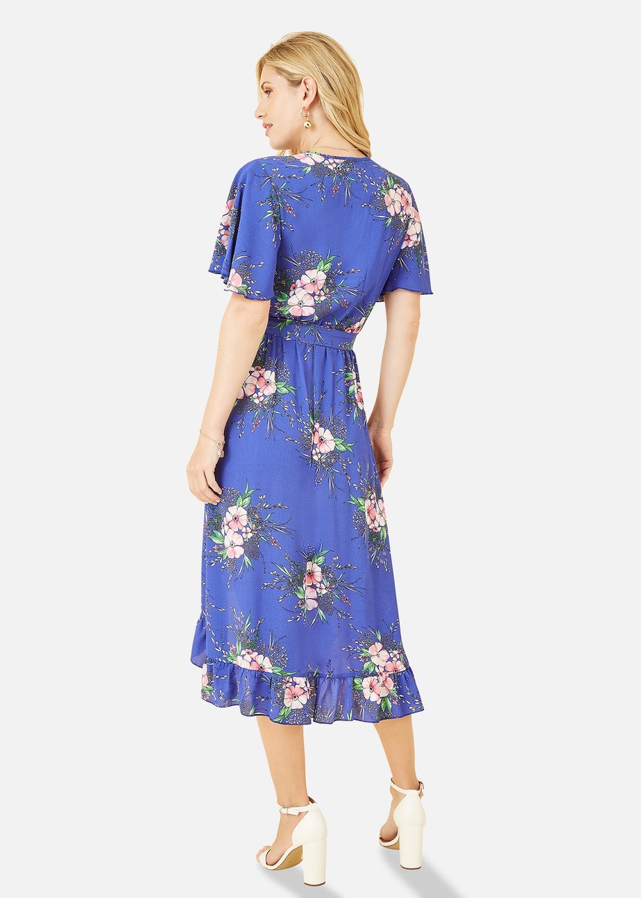 Mela Dark Blue Floral Dip Hem Wrap Midi Dress