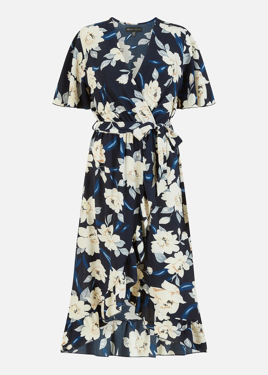 Mela Navy Floral Dip Hem Wrap Midi Dress