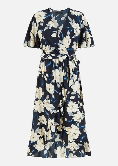 Mela Navy Floral Dip Hem Wrap Midi Dress