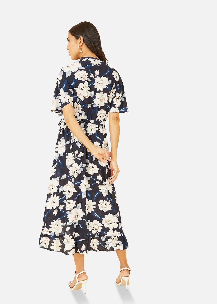 Mela Navy Floral Dip Hem Wrap Midi Dress