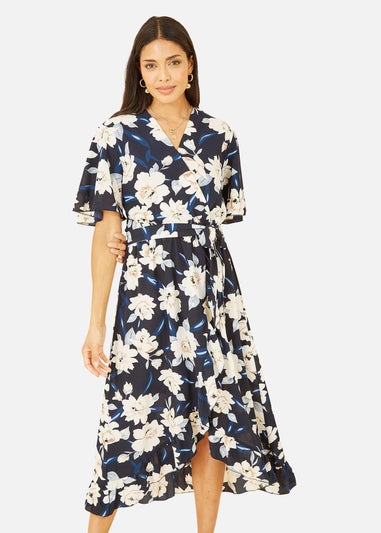 Mela Navy Floral Dip Hem Wrap Midi Dress