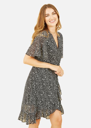 Mela Black Spot Frill Wrap Dress