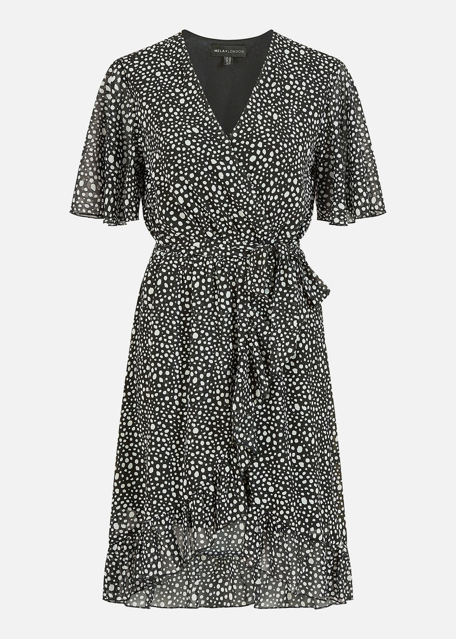 Mela Black Spot Frill Wrap Dress