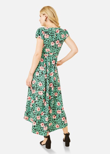 Mela Green Animal Print Dipped Hem Wrap Dress