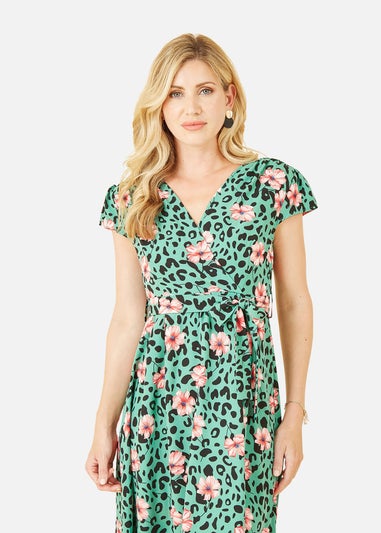 Mela Green Animal Print Dipped Hem Wrap Dress
