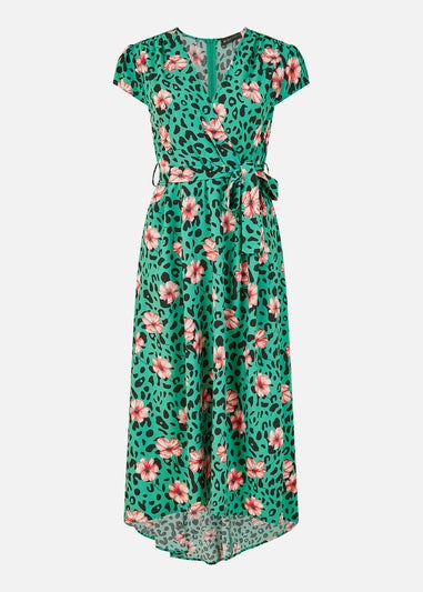 Mela Green Animal Print Dipped Hem Wrap Dress