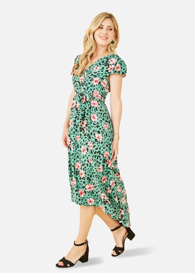 Mela Green Animal Print Dipped Hem Wrap Dress