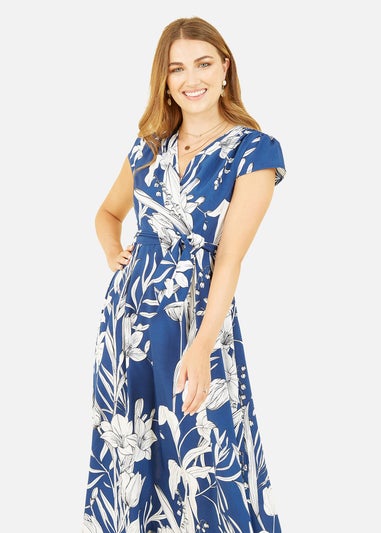 Mela Navy Leaf Print Dipped Hem Wrap Dress