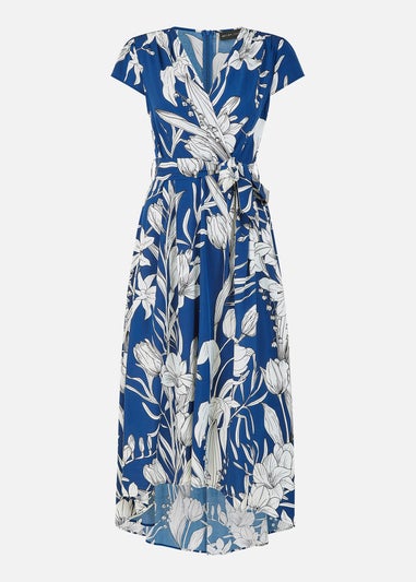 Mela Navy Leaf Print Dipped Hem Wrap Dress