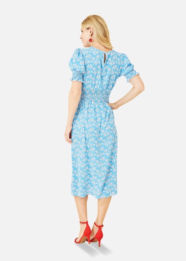 Mela Blue Floral Print Shirred Waist Midi Dress
