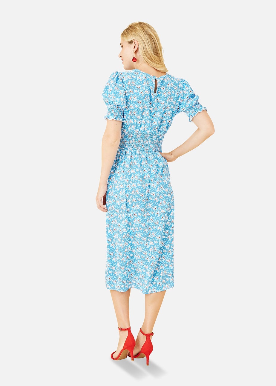 Mela Blue Floral Print Shirred Waist Midi Dress