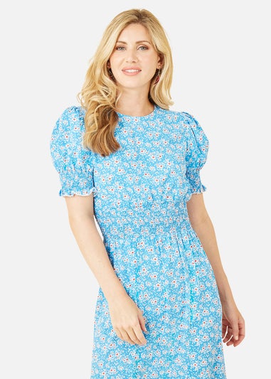 Mela Blue Floral Print Shirred Waist Midi Dress