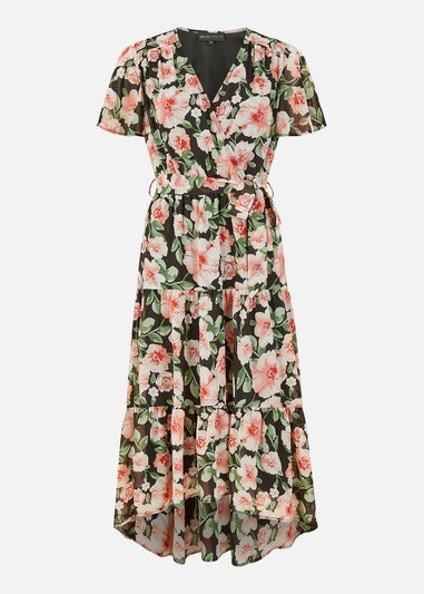 Mela Black Floral Wrap Dress With Tiered Dipped Hem