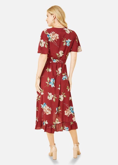 Mela Red Floral Dip Hem Wrap Midi Dress