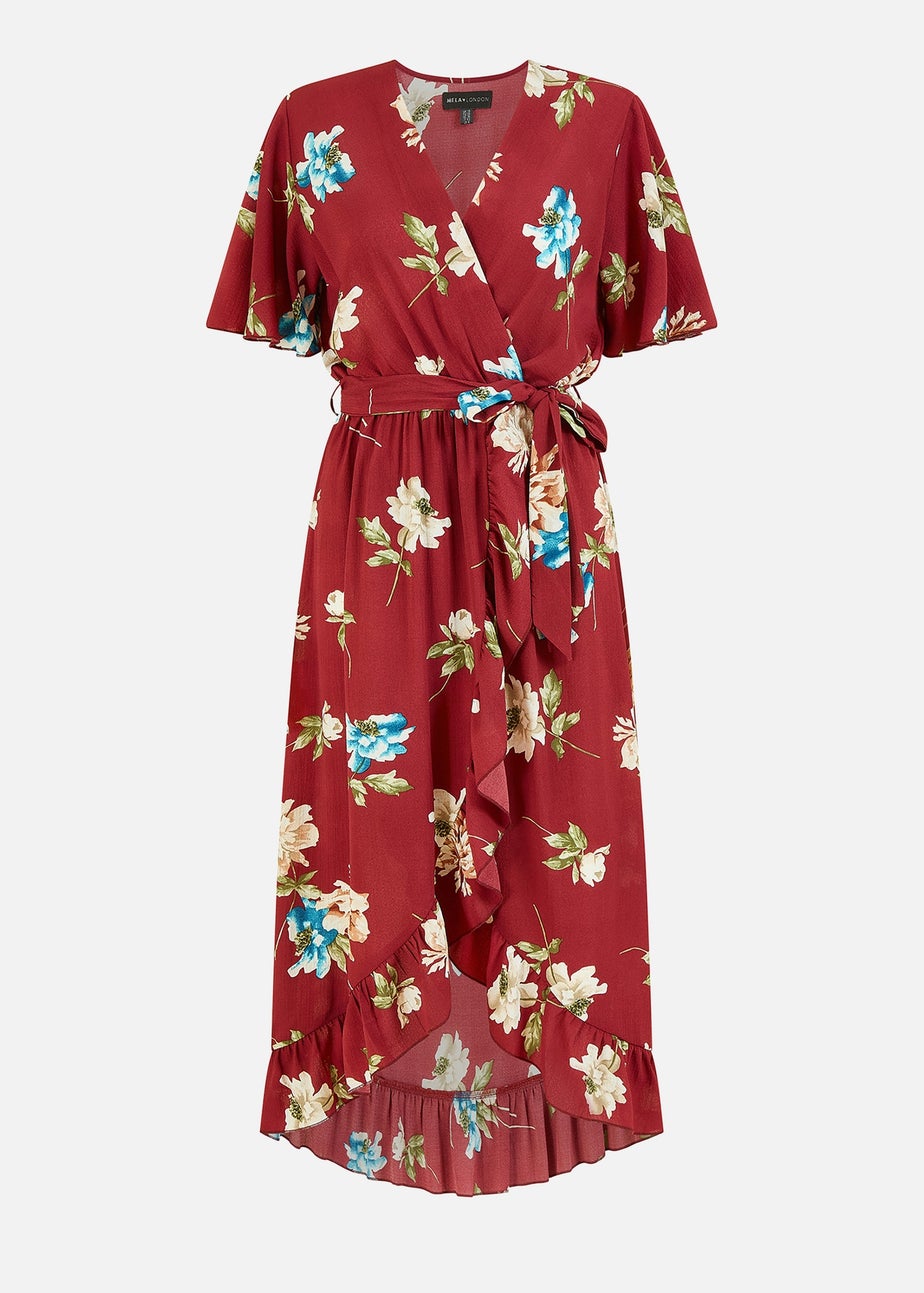 Mela Red Floral Dip Hem Wrap Midi Dress