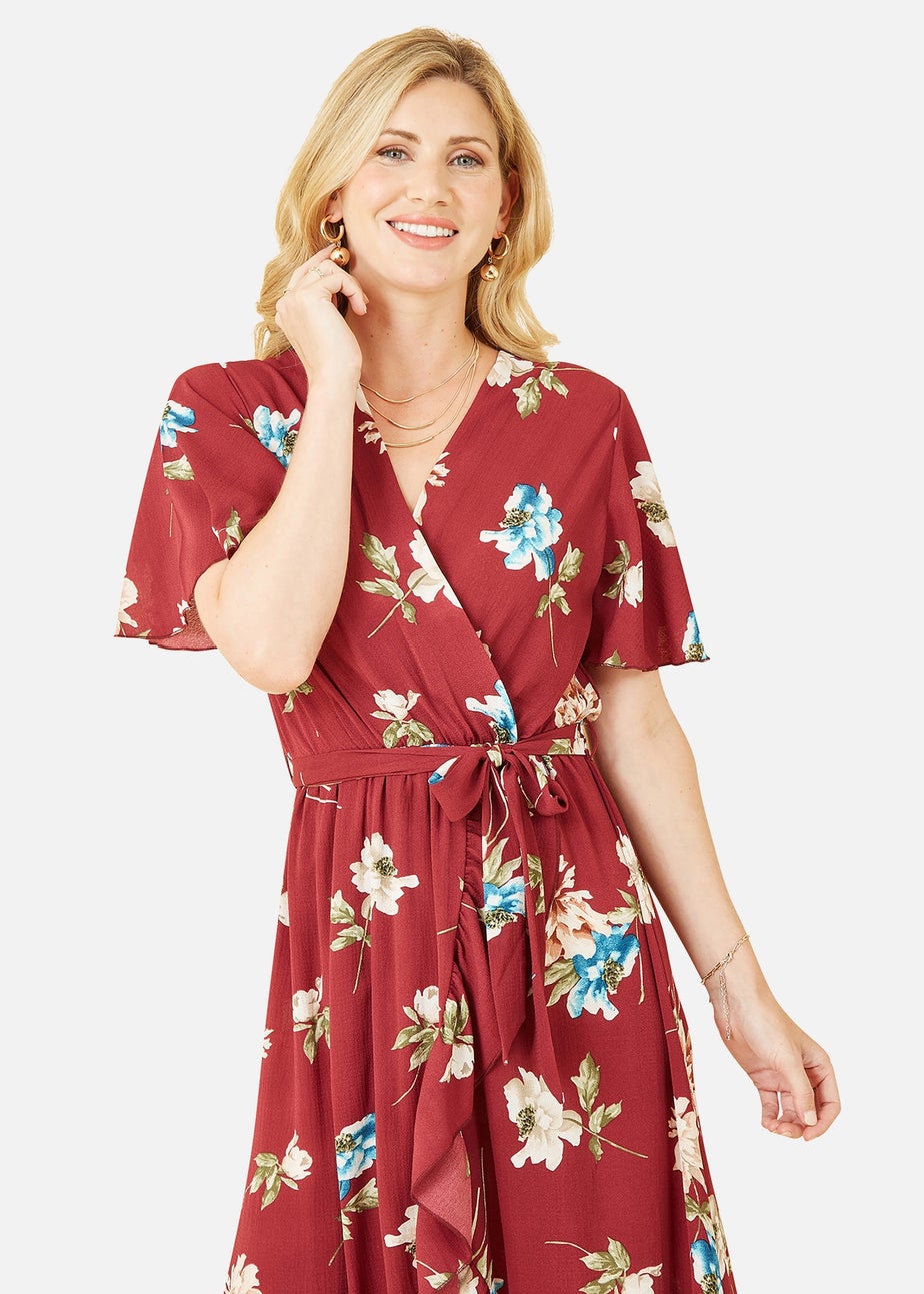 Mela Red Floral Dip Hem Wrap Midi Dress