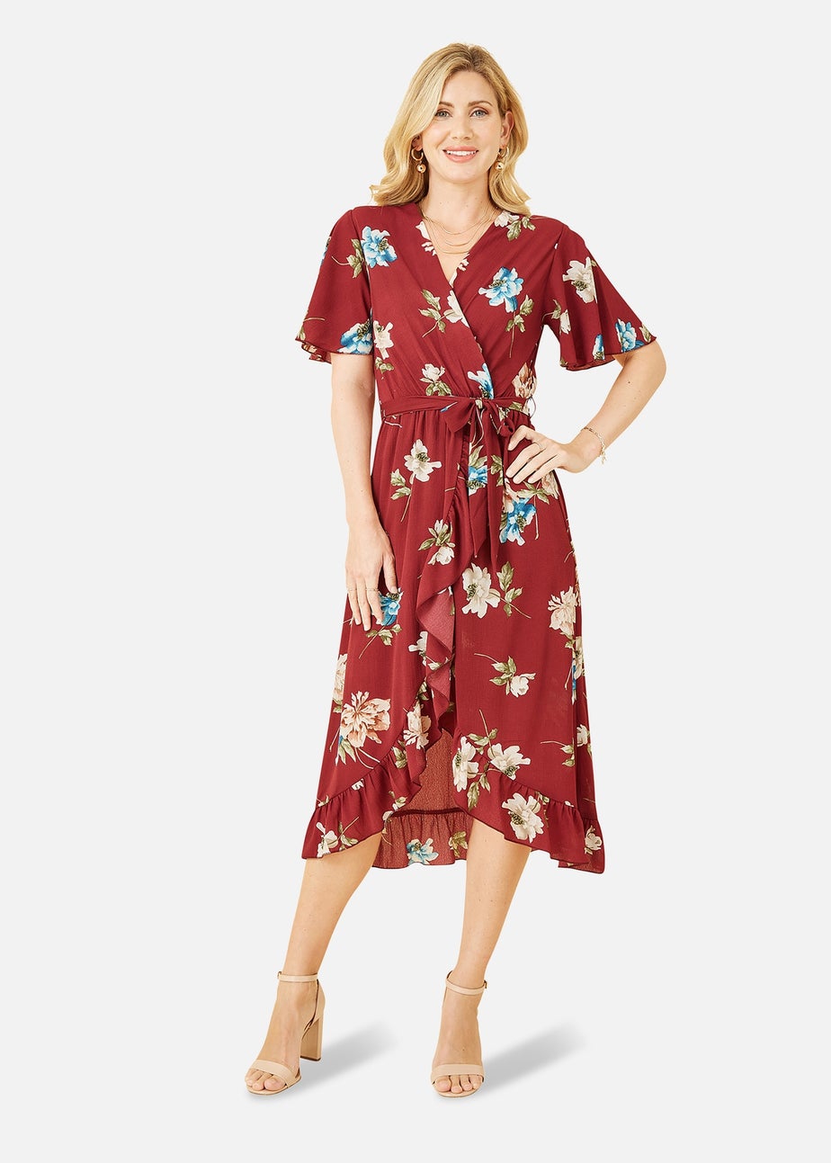 Mela Red Floral Dip Hem Wrap Midi Dress