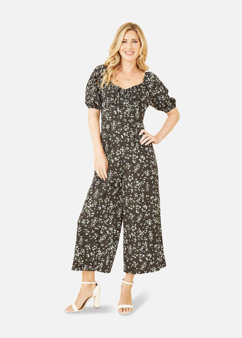 Mela Black Daisy Print Sweetheart Neckline Jumpsuit