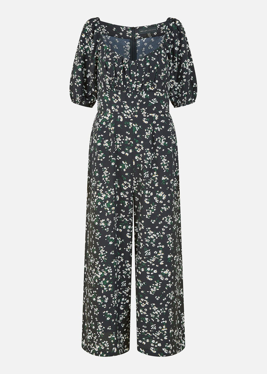Mela Black Daisy Print Sweetheart Neckline Jumpsuit