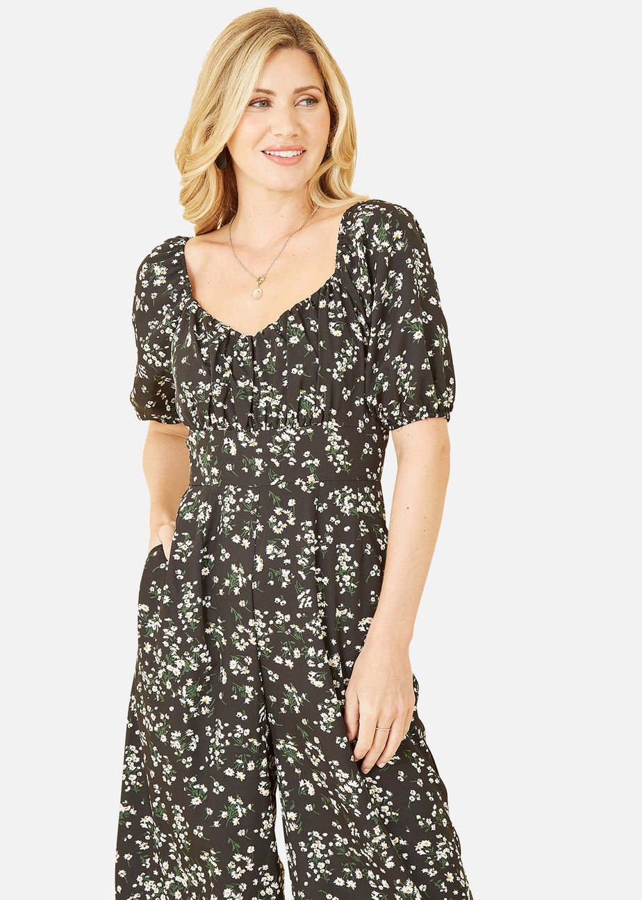 Mela Black Daisy Print Sweetheart Neckline Jumpsuit
