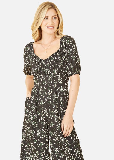 Mela Black Daisy Print Sweetheart Neckline Jumpsuit