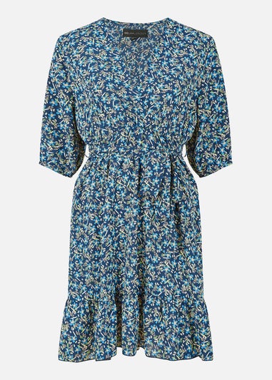 Mela Blue Ditsy Floral Wrap Skater Dress