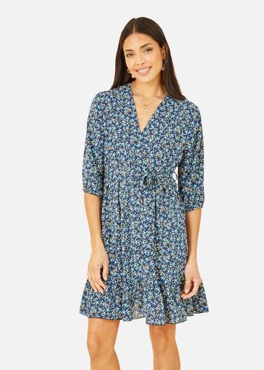 Mela Blue Ditsy Floral Wrap Skater Dress