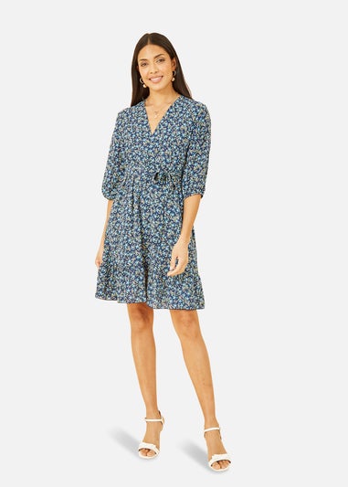 Mela Blue Ditsy Floral Wrap Skater Dress
