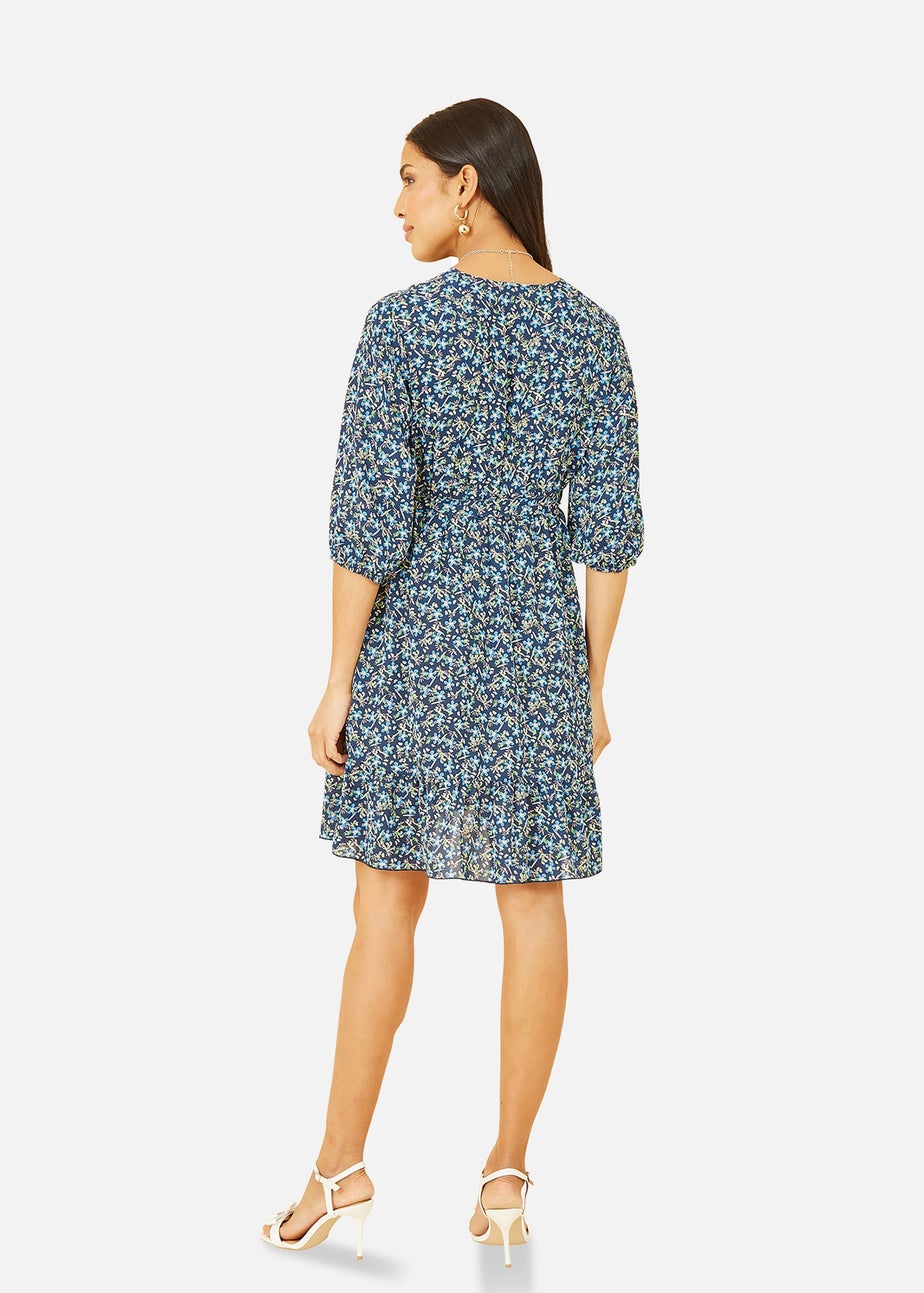 Mela Blue Ditsy Floral Wrap Skater Dress