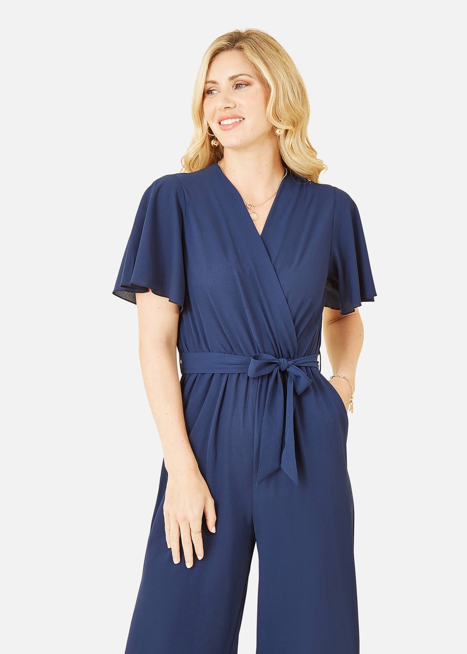 Mela Navy Wrap Over Jumpsuit With Angel Sleeves