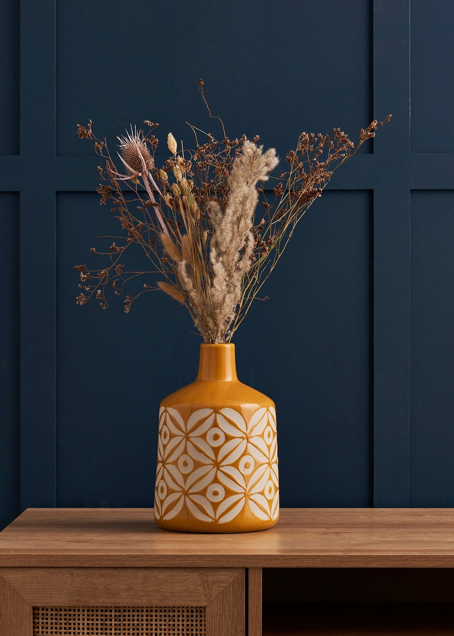 BHS Small Patterned Ceramic Vase Ochre