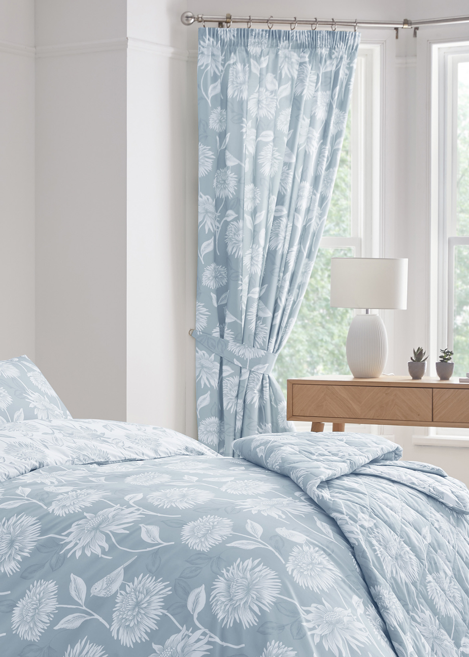 Dreams & Drapes Design Chrysanthemum Blue Pencil Pleat Curtains With Tie-Backs
