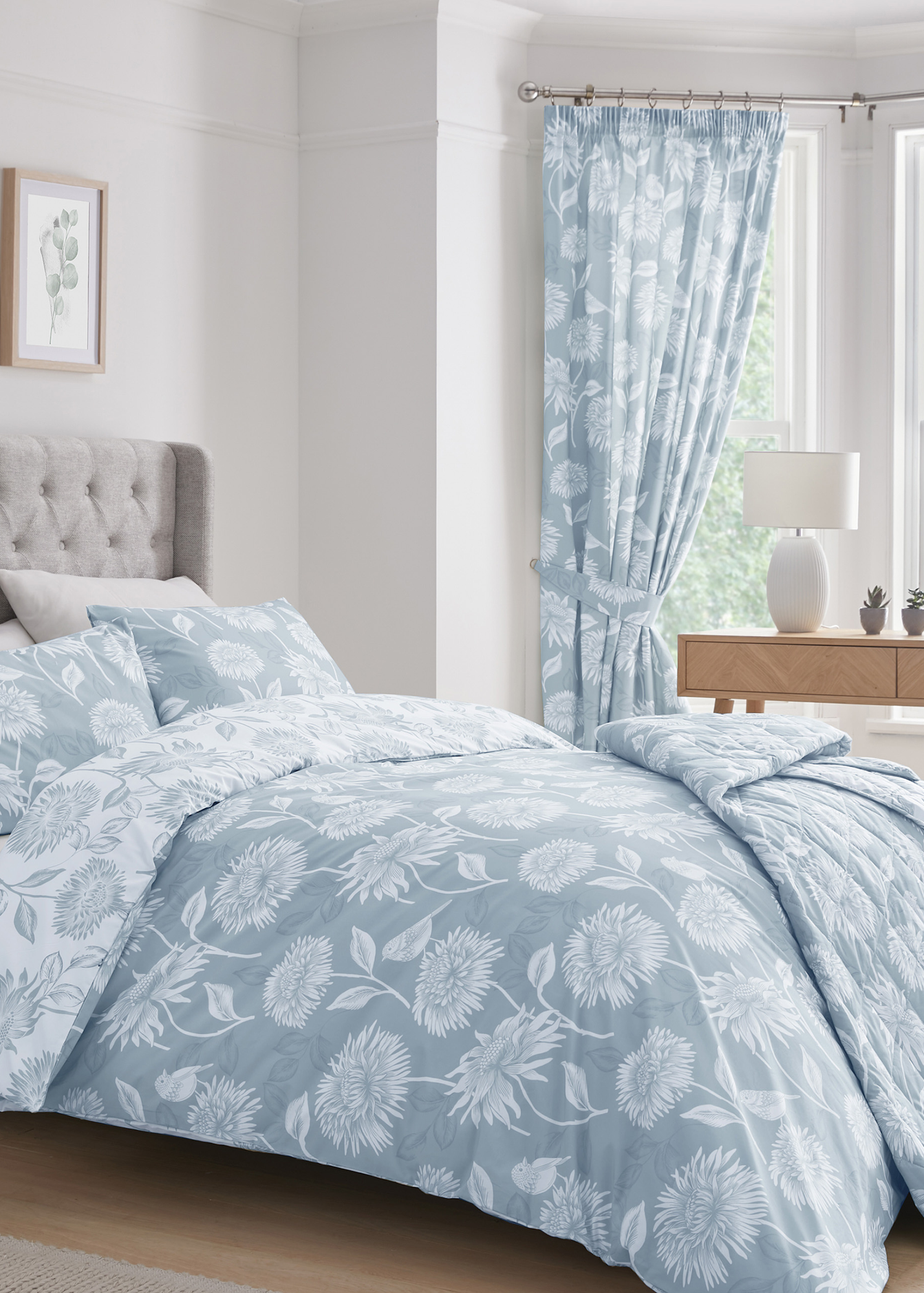 Dreams & Drapes Design Chrysanthemum Blue Pencil Pleat Curtains With Tie-Backs