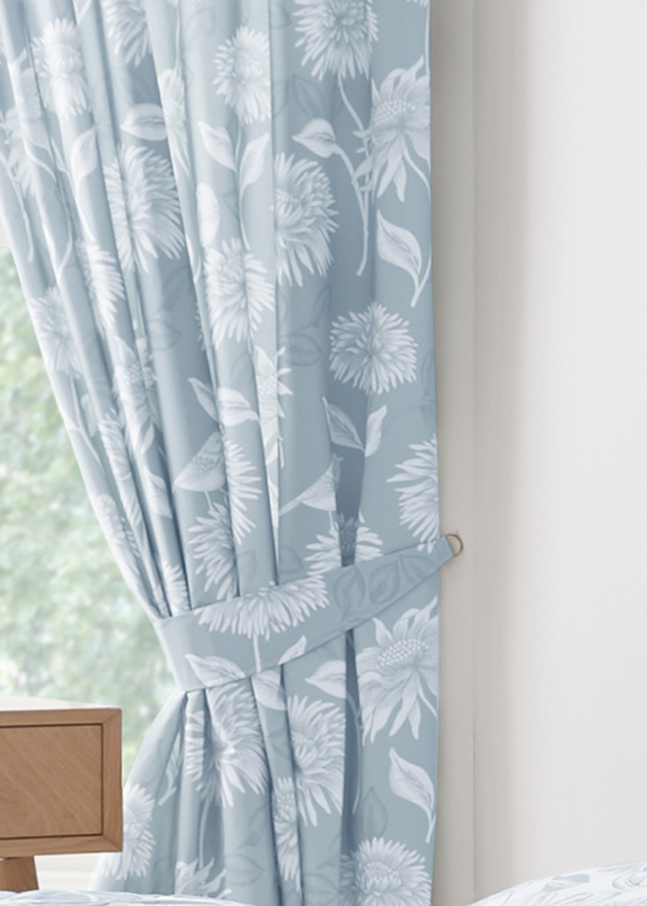 Dreams & Drapes Design Chrysanthemum Blue Pencil Pleat Curtains With Tie-Backs