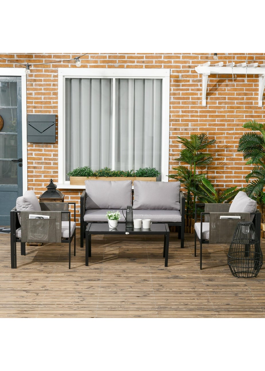 Outsunny 4 Piece Garden Sofa Set with Tempered Glass Coffee Table Padded Cushions