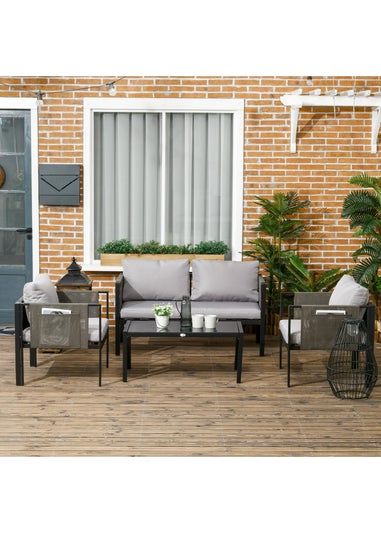 Outsunny 4 Piece Garden Sofa Set with Tempered Glass Coffee Table Padded Cushions