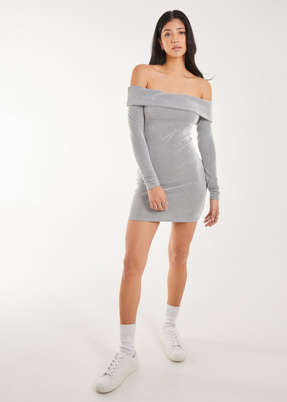 Pink Vanilla Grey Two Tone Rib Bardot Mini Dress