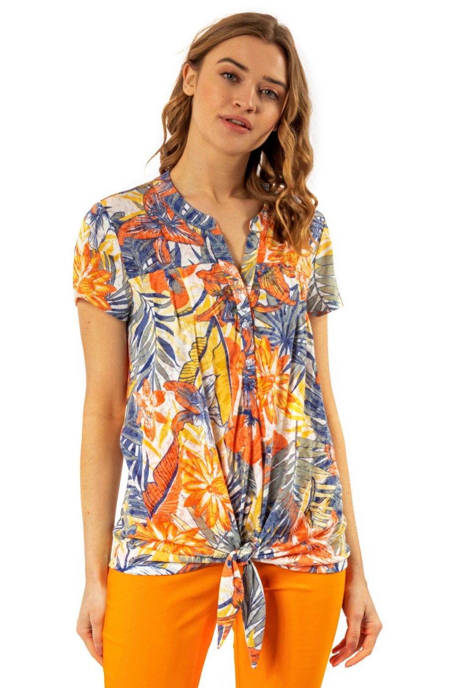 Roman Orange Tropical Print Tie Front V-Neck Stretch Top