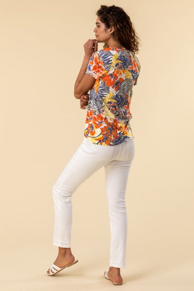 Roman Orange Tropical Print Tie Front V-Neck Stretch Top