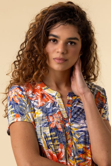 Roman Orange Tropical Print Tie Front V-Neck Stretch Top