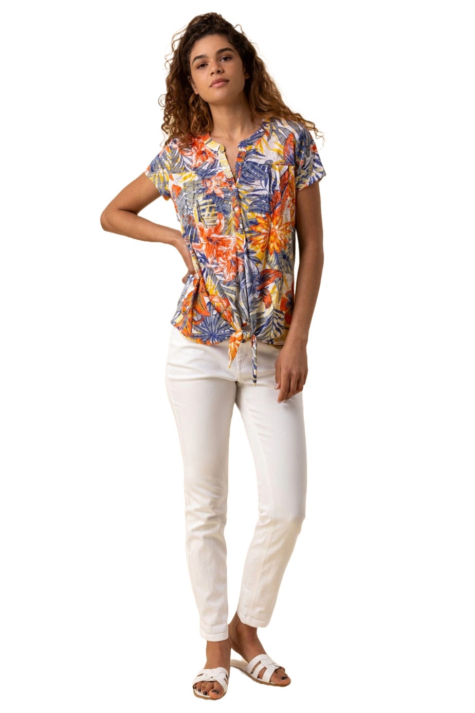 Roman Orange Tropical Print Tie Front V-Neck Stretch Top