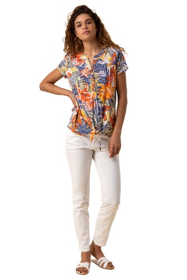 Roman Orange Tropical Print Tie Front V-Neck Stretch Top