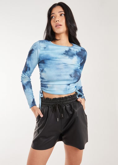 Pink Vanilla Blue Tie Dye Print Long Sleeve Rib Top