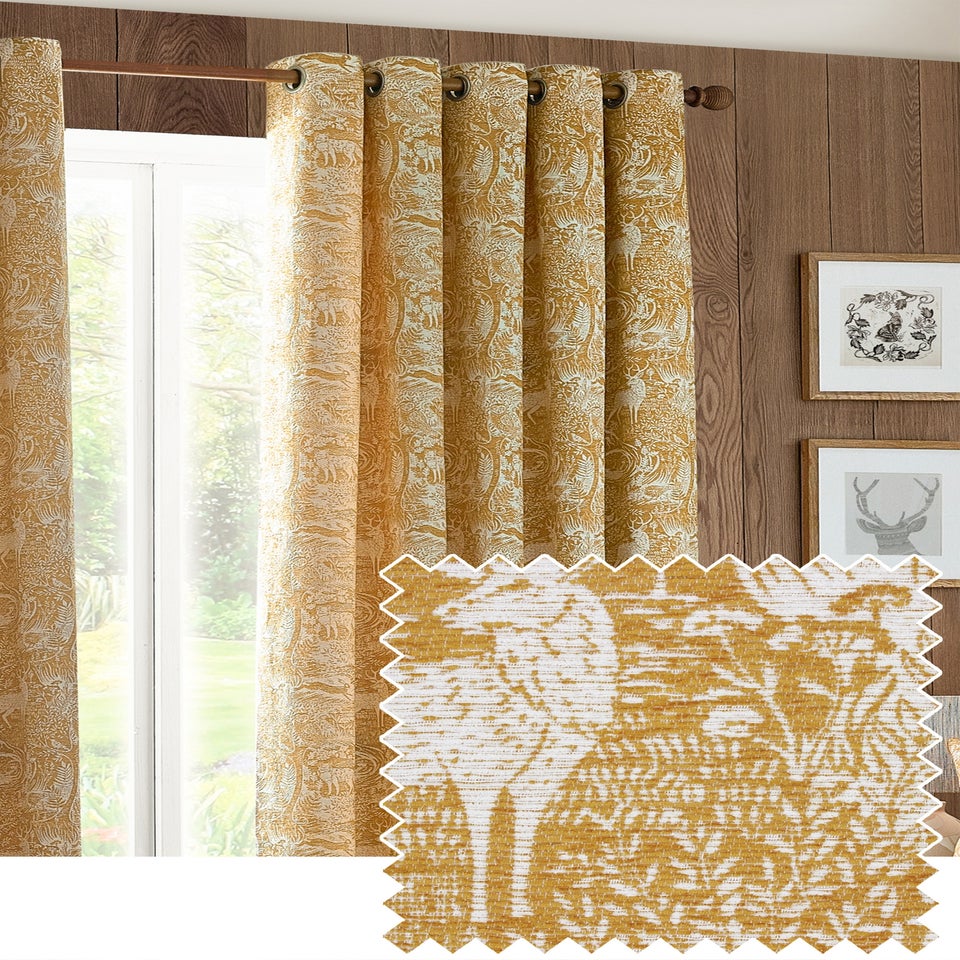 furn. Winter Woods Animal Chenille Eyelet Curtains Ochre